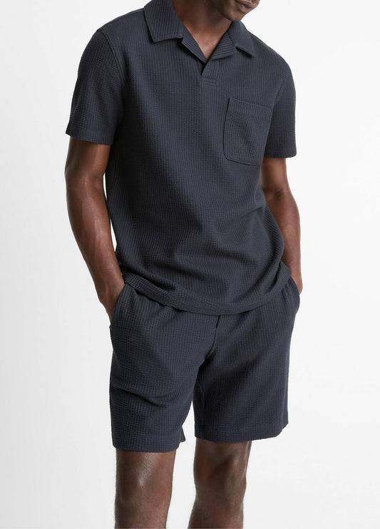VINCE Seersucker-Knit Stretch-Cotton Short-Sleeve Johnny-Collar Shirt in Short Sleeve