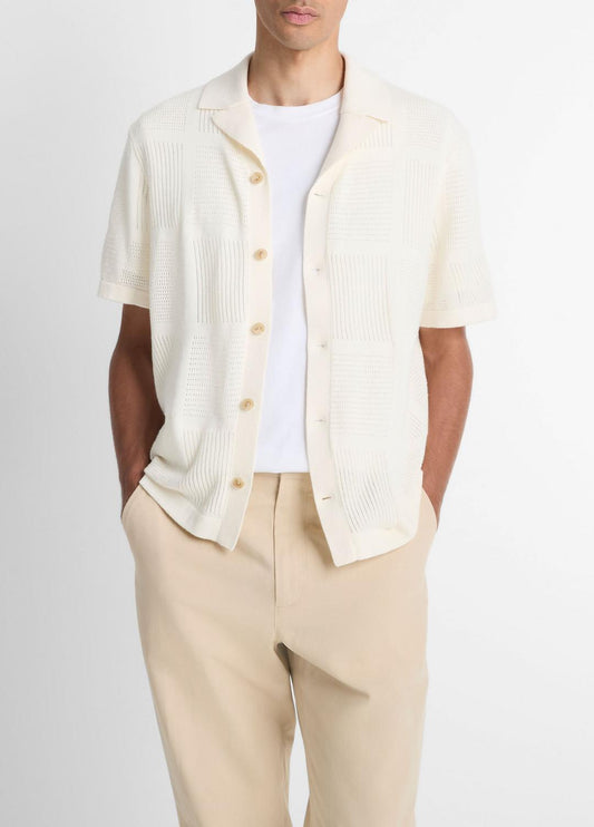 VINCE Patchwork Pointelle Short-Sleeve Shirt in Short Sleeve