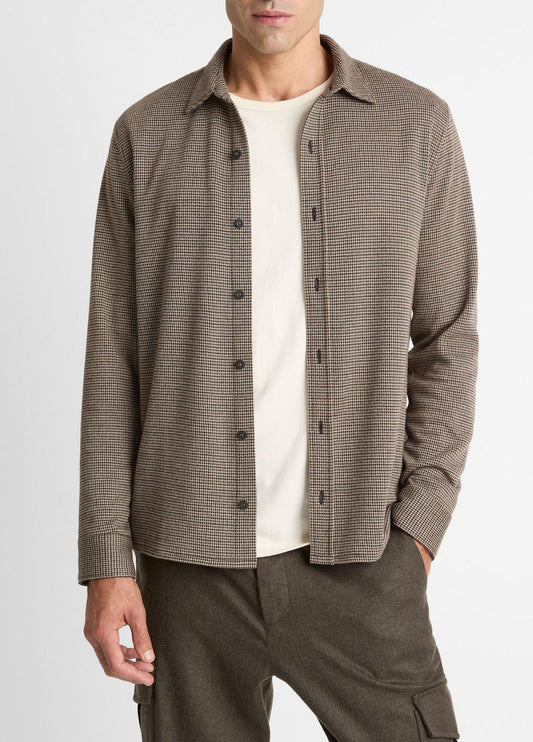 VINCE Houndstooth Cotton-Blend Button-Front Shirt in Long Sleeve