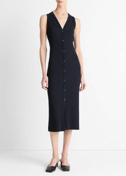 VINCE Ribbed Cotton-Blend Button-Front Dress in Dresses & Skirts