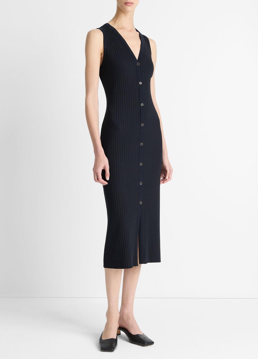 VINCE Ribbed Cotton-Blend Button-Front Dress in Dresses & Skirts