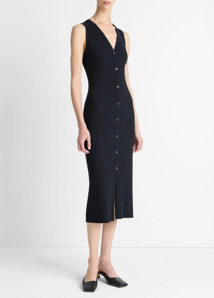 VINCE Ribbed Cotton-Blend Button-Front Dress in Dresses & Skirts