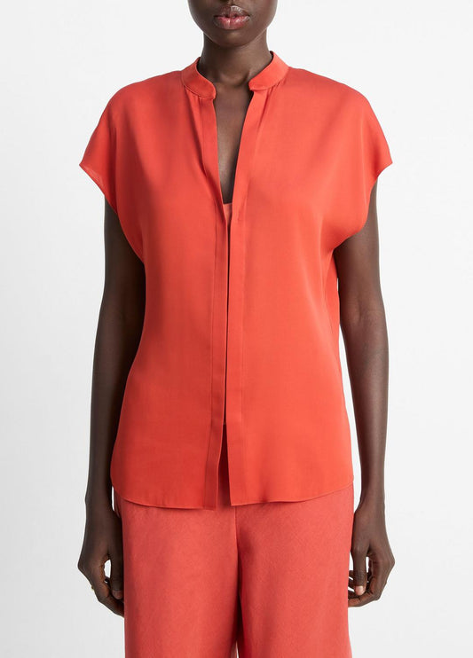 VINCE Contrast-Placket Stretch-Silk Cap-Sleeve Blouse in Shirts & Tees