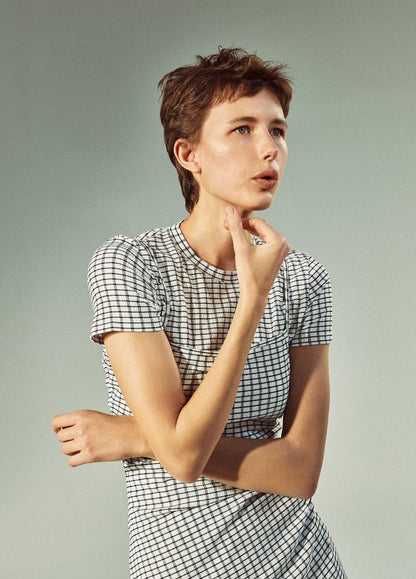 VINCE Checked Smocked T-Shirt in Shirts & Tees
