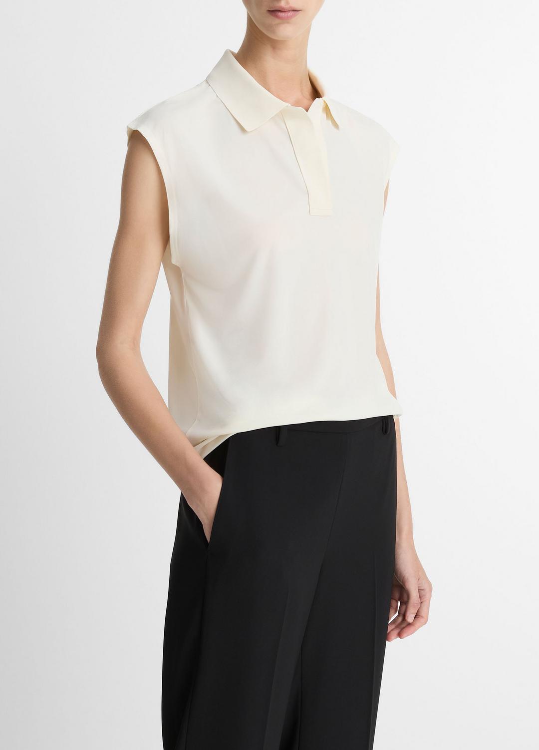 VINCE Matte Jersey Cap-Sleeve Polo Top in Shirts & Tees