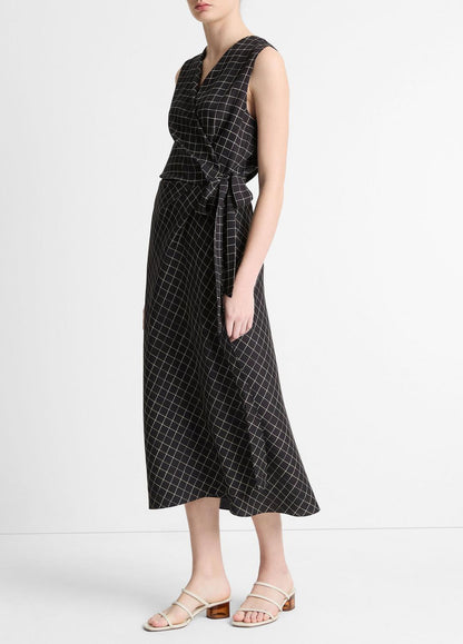 VINCE Trellis Plaid Draped Sleeveless Wrap Dress in Dresses & Skirts