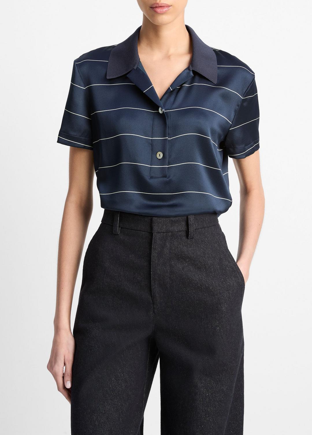 VINCE Knit-Collar Striped Silk Polo Shirt in Shirts & Tees