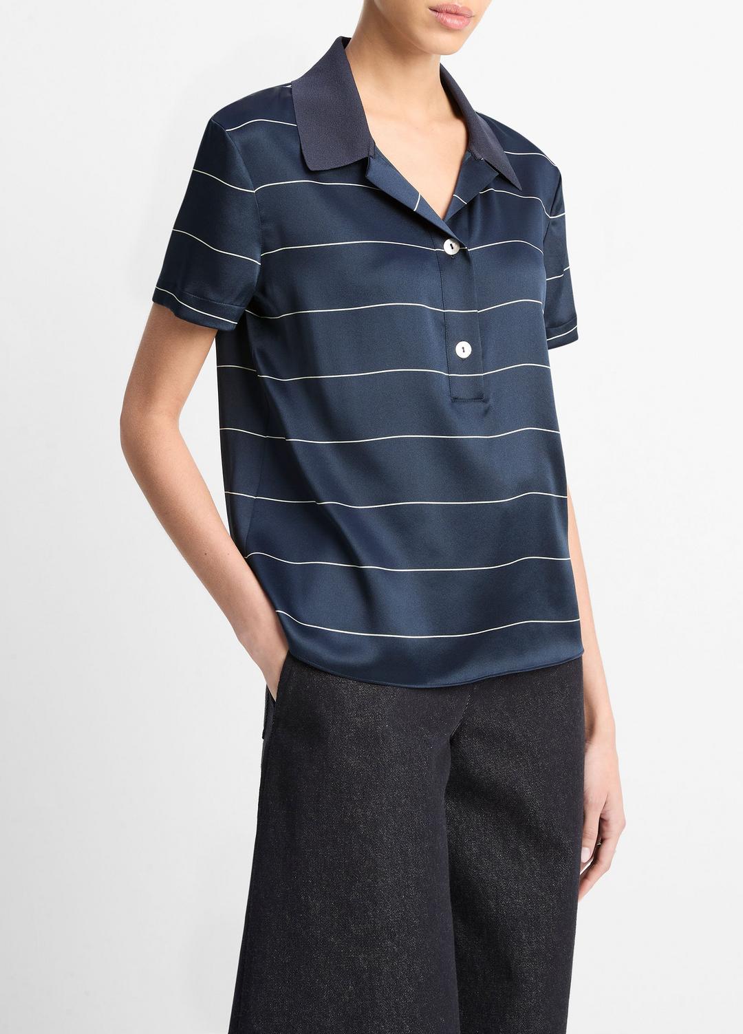 VINCE Knit-Collar Striped Silk Polo Shirt in Shirts & Tees