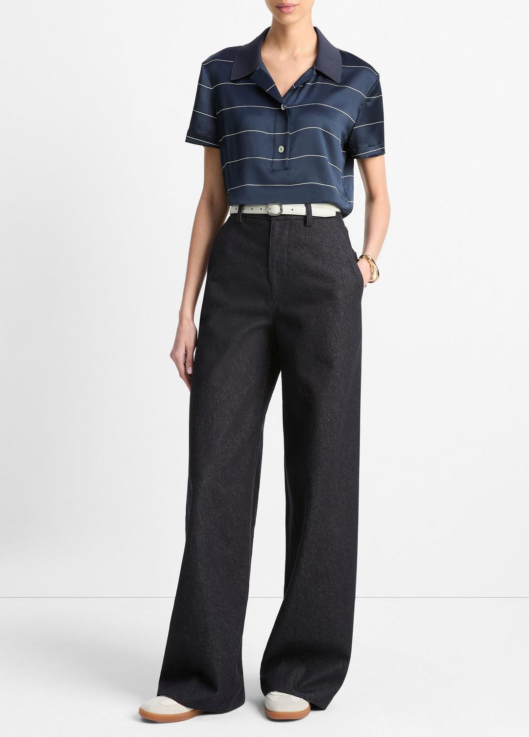 VINCE Knit-Collar Striped Silk Polo Shirt in Shirts & Tees