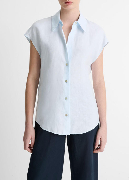 VINCE Linen Cap-Sleeve Button-Front Blouse in Shirts & Tees