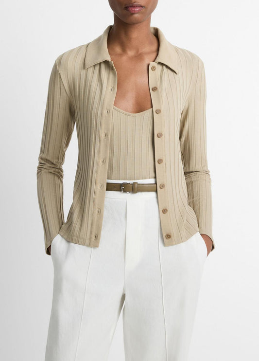 VINCE Ribbed Collared Long-Sleeve Button-Front Top in Shirts & Tees