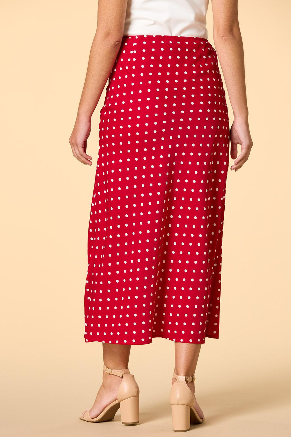 lady in red satin midi skirt Versona Trends|Apparel