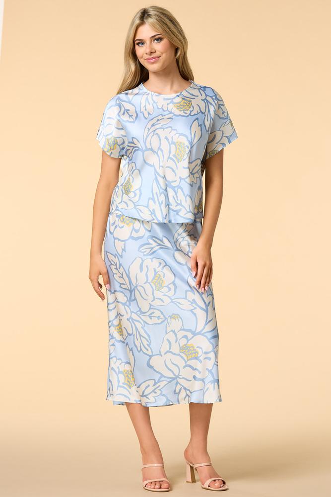 sky blue blossoms satin midi skirt Versona Trends|Apparel