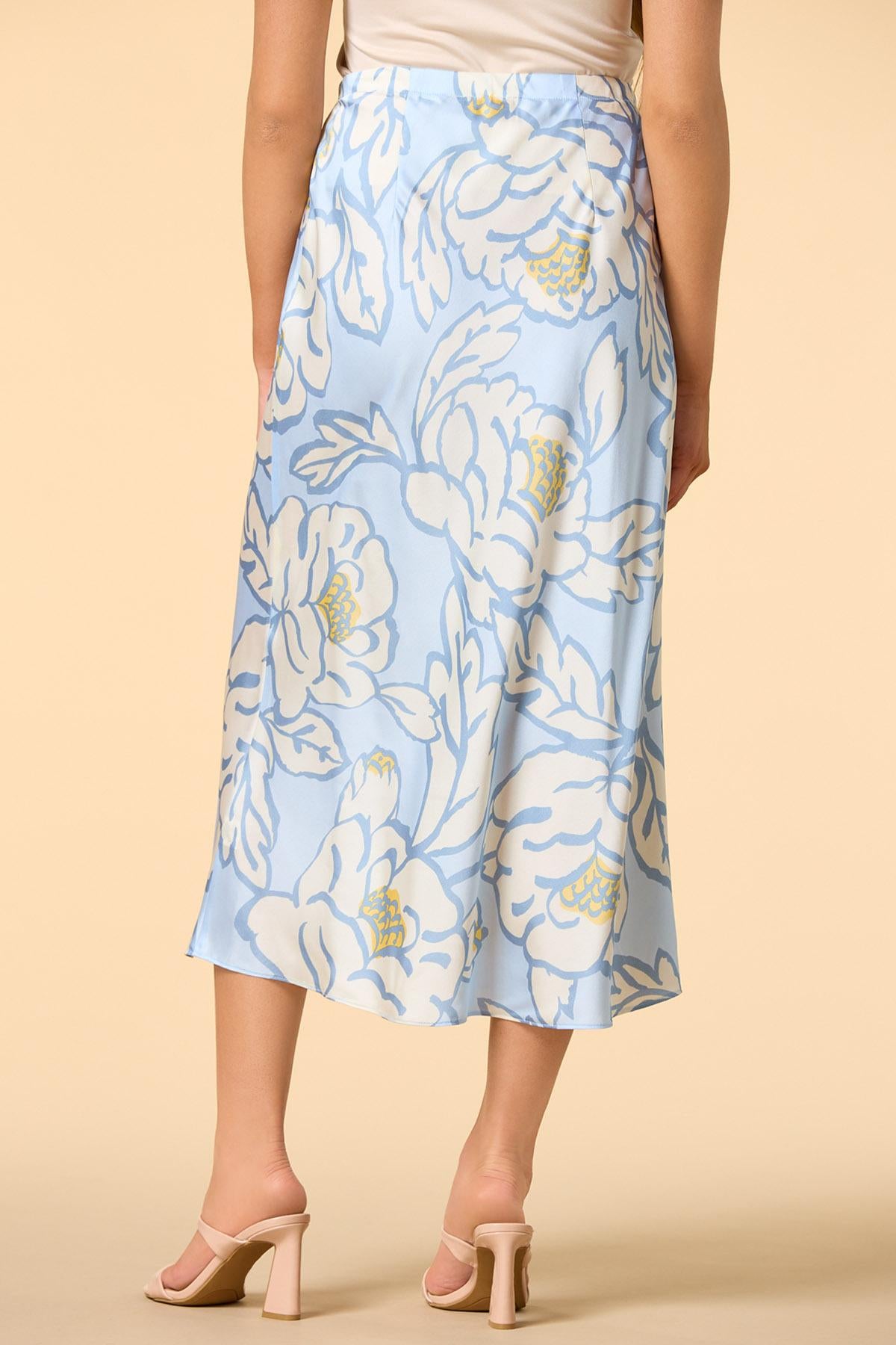 sky blue blossoms satin midi skirt Versona Trends|Apparel