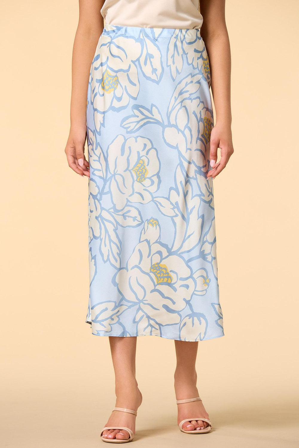 sky blue blossoms satin midi skirt Versona Trends|Apparel