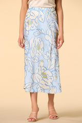 sky blue blossoms satin midi skirt Versona Trends|Apparel