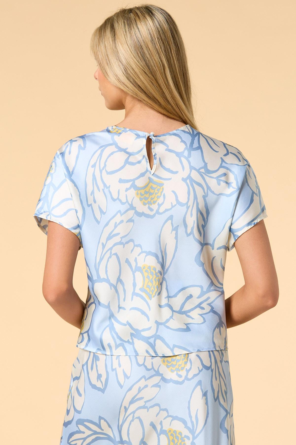 sky blue blossoms satin top Versona Trends