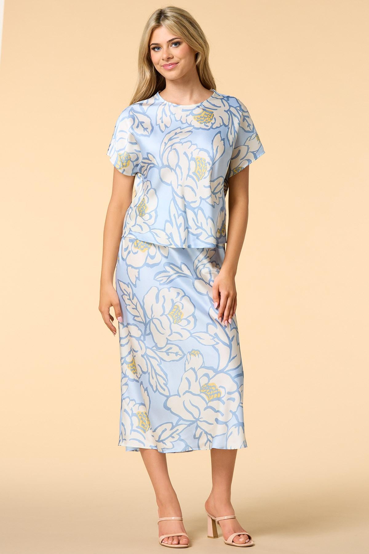 sky blue blossoms satin top Versona Trends