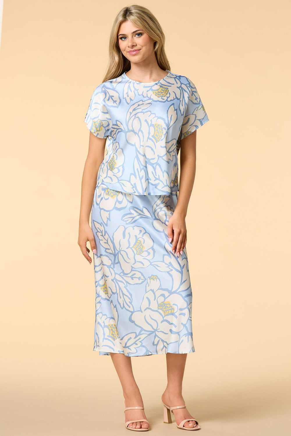sky blue blossoms satin top Versona Trends