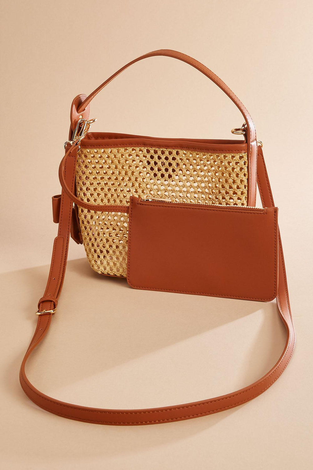 faux leather trim straw crossbody set Versona Trends|Accessories
