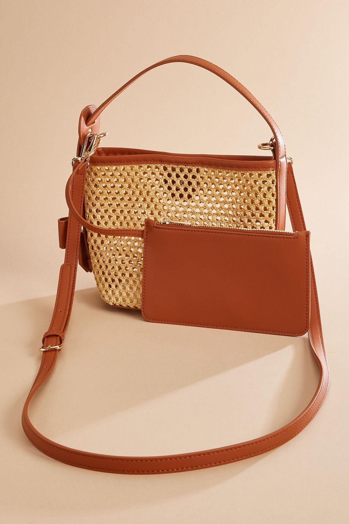 faux leather trim straw crossbody set Versona Trends|Accessories