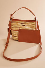 faux leather trim straw crossbody set Versona Trends|Accessories