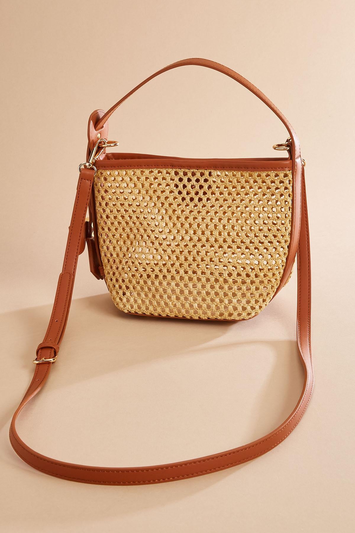 faux leather trim straw crossbody set Versona Trends|Accessories