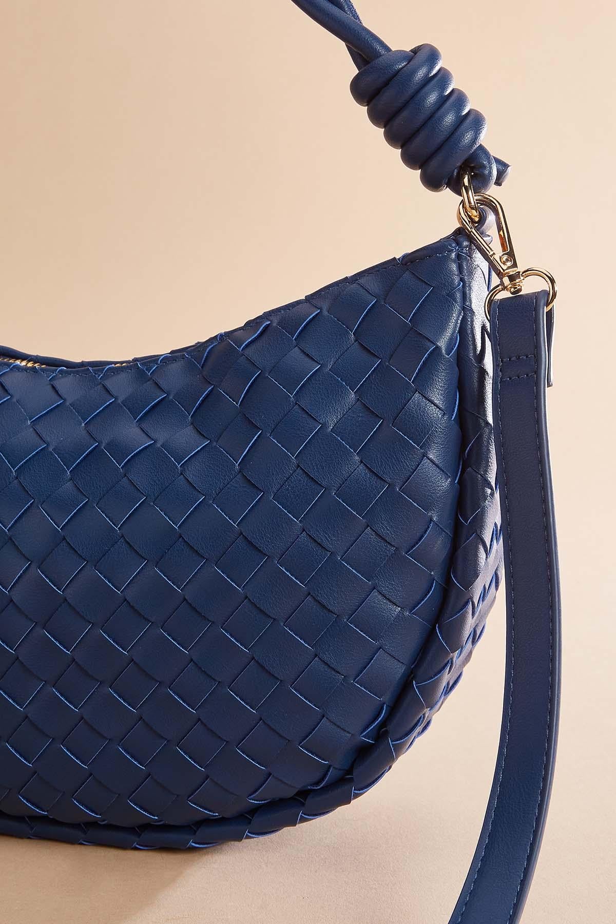 navy blue faux leather woven bag Versona Trends|Accessories