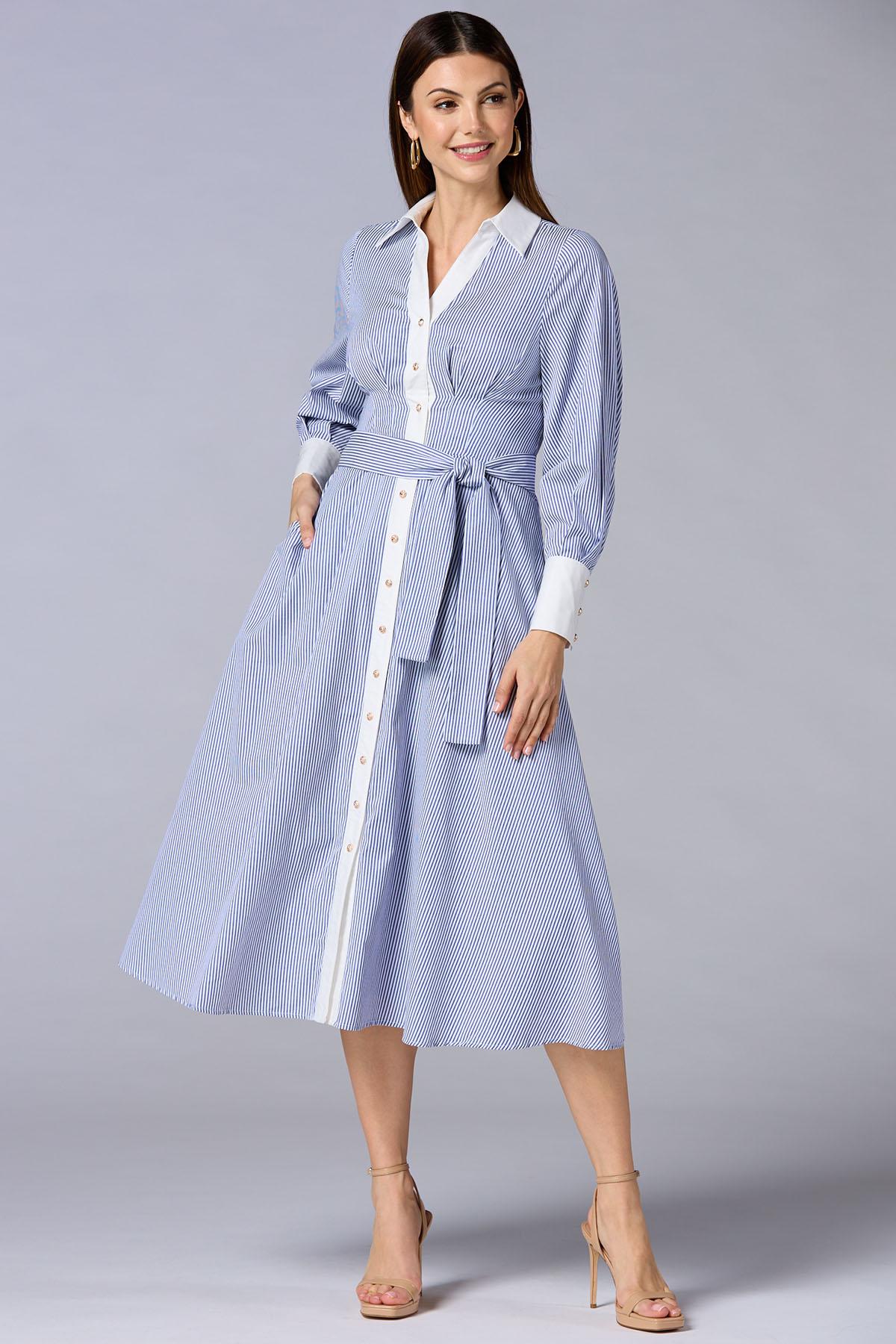 cache contrast trim striped midi shirt dress Versona Caché