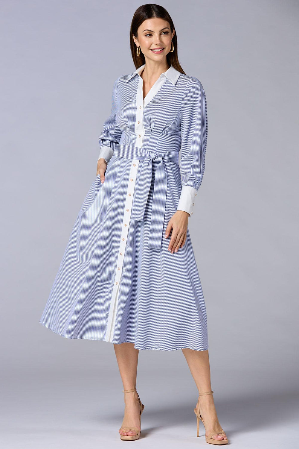 cache contrast trim striped midi shirt dress Versona Caché
