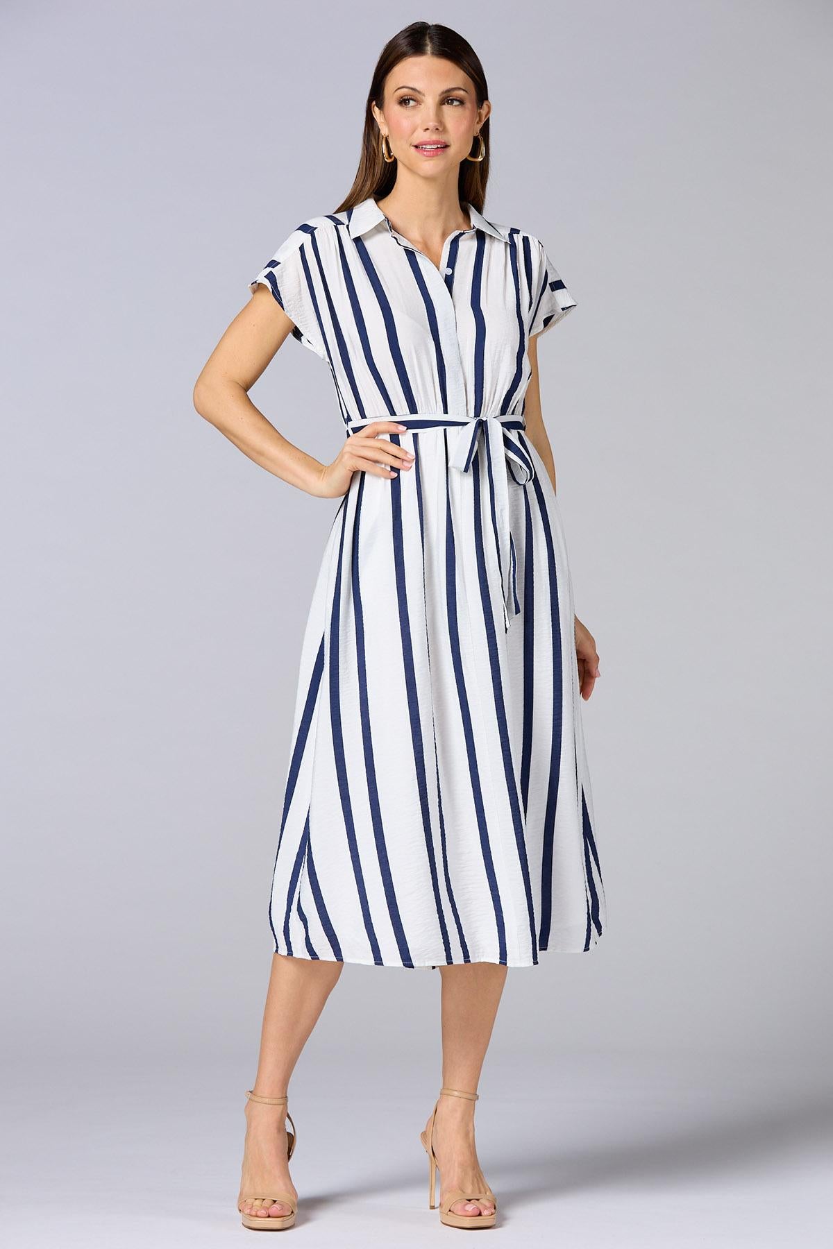 cache striped cap sleeve midi dress Versona Caché