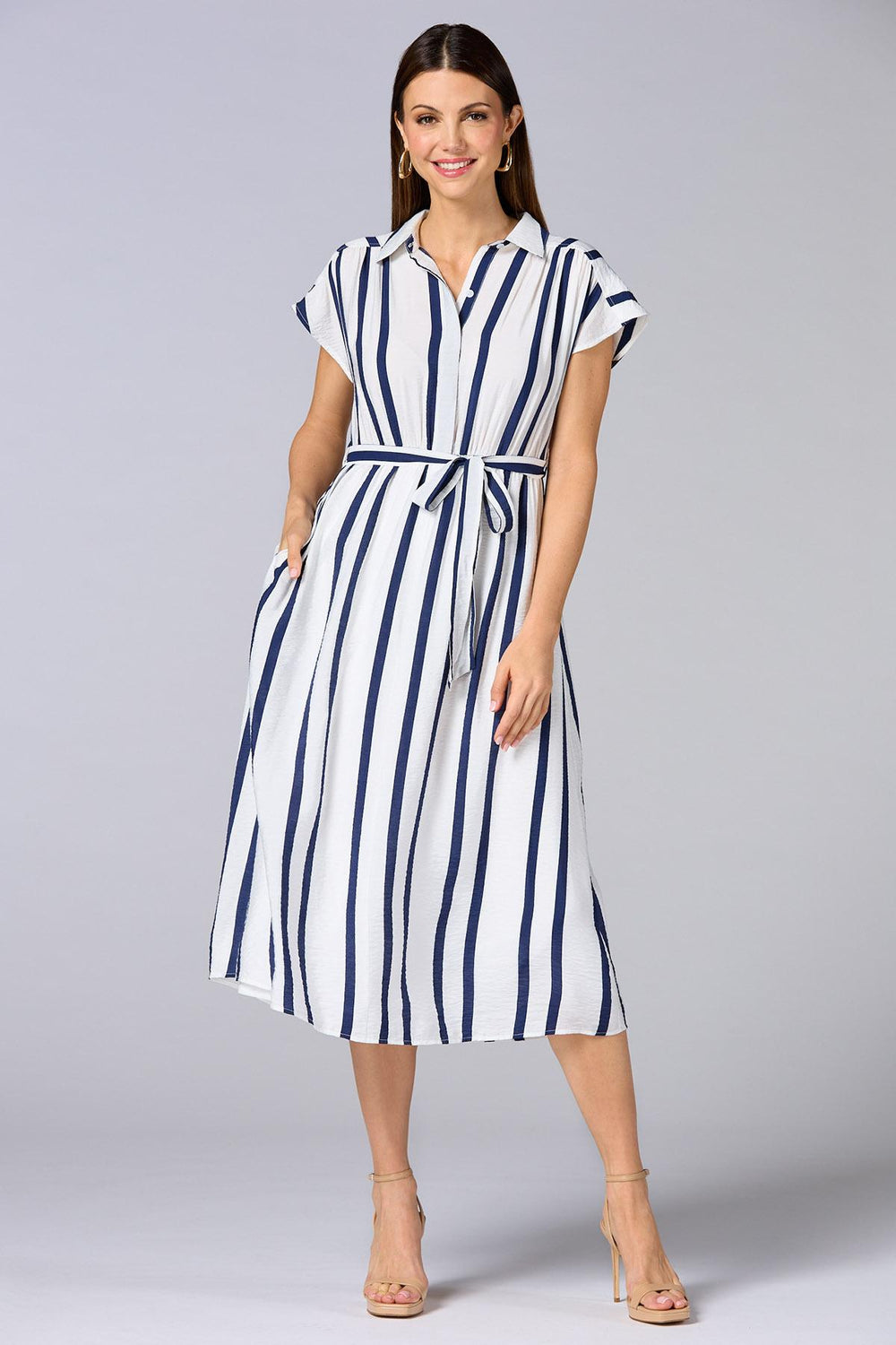 cache striped cap sleeve midi dress Versona Caché
