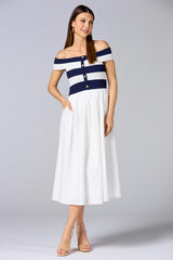 cache off shoulder mix fabric maxi dress Versona Caché