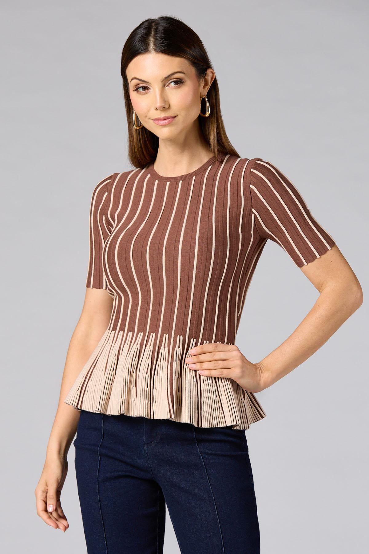 cache striped peplum top- brown Versona Caché