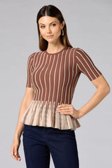 cache striped peplum top- brown Versona Caché