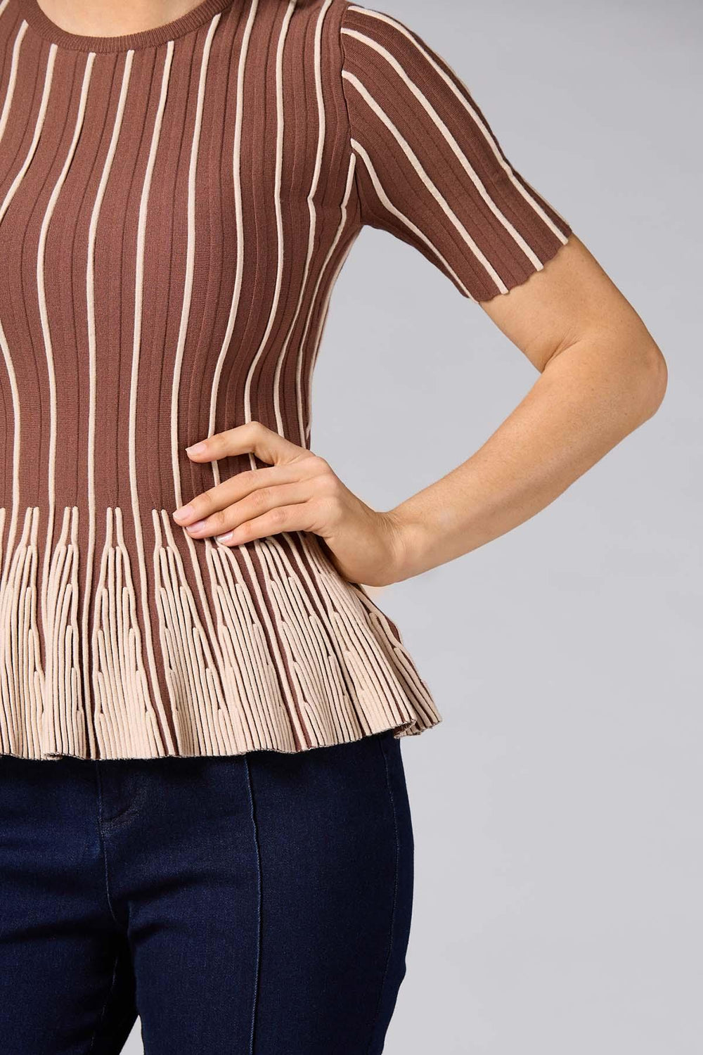 cache striped peplum top- brown Versona Caché