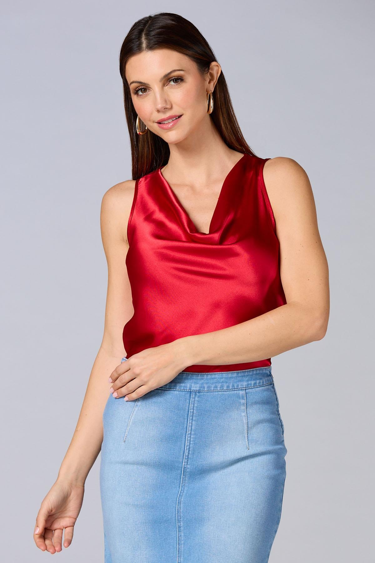 cache red satin cowl neck tank Versona Caché