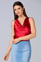cache red satin cowl neck tank Versona Caché