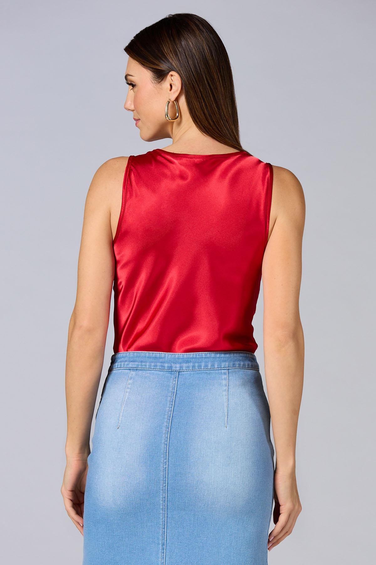 cache red satin cowl neck tank Versona Caché