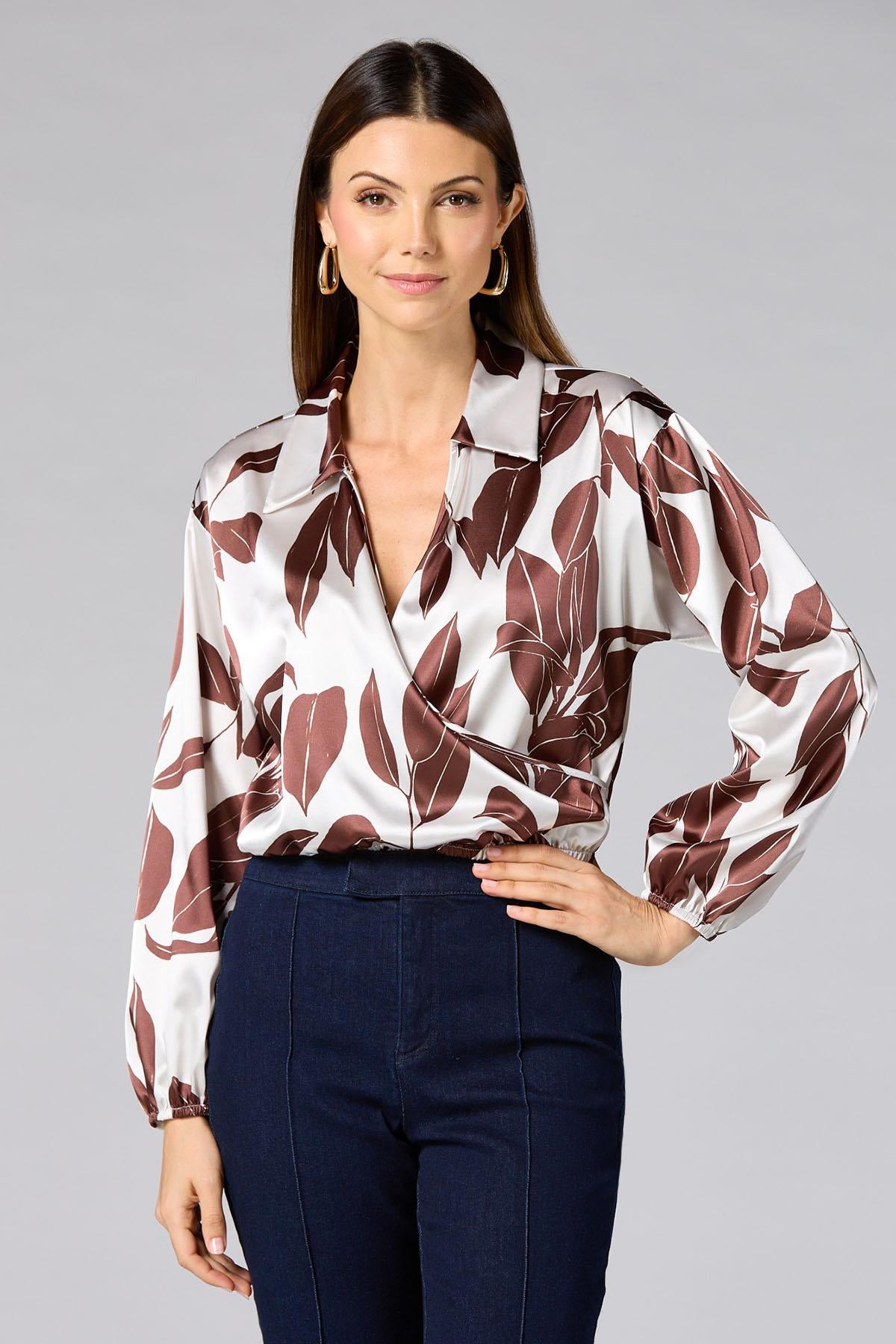 cache brown floral satin wrap top Versona Caché