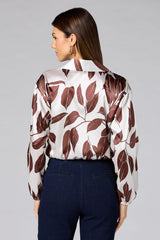 cache brown floral satin wrap top Versona Caché
