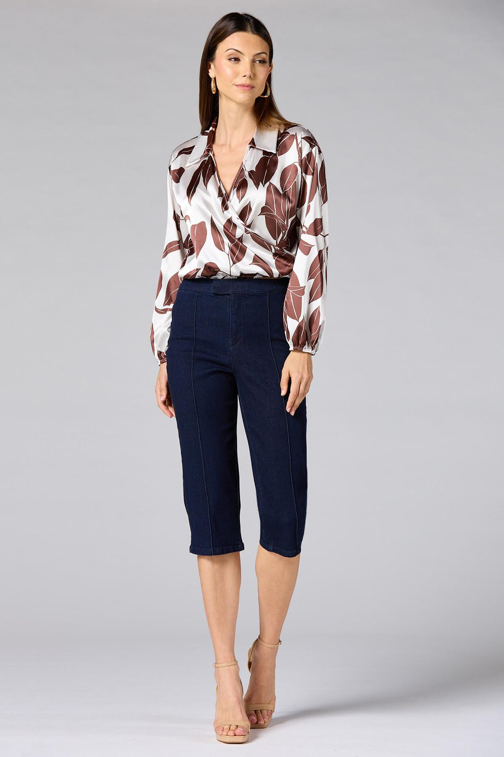 cache brown floral satin wrap top Versona Caché