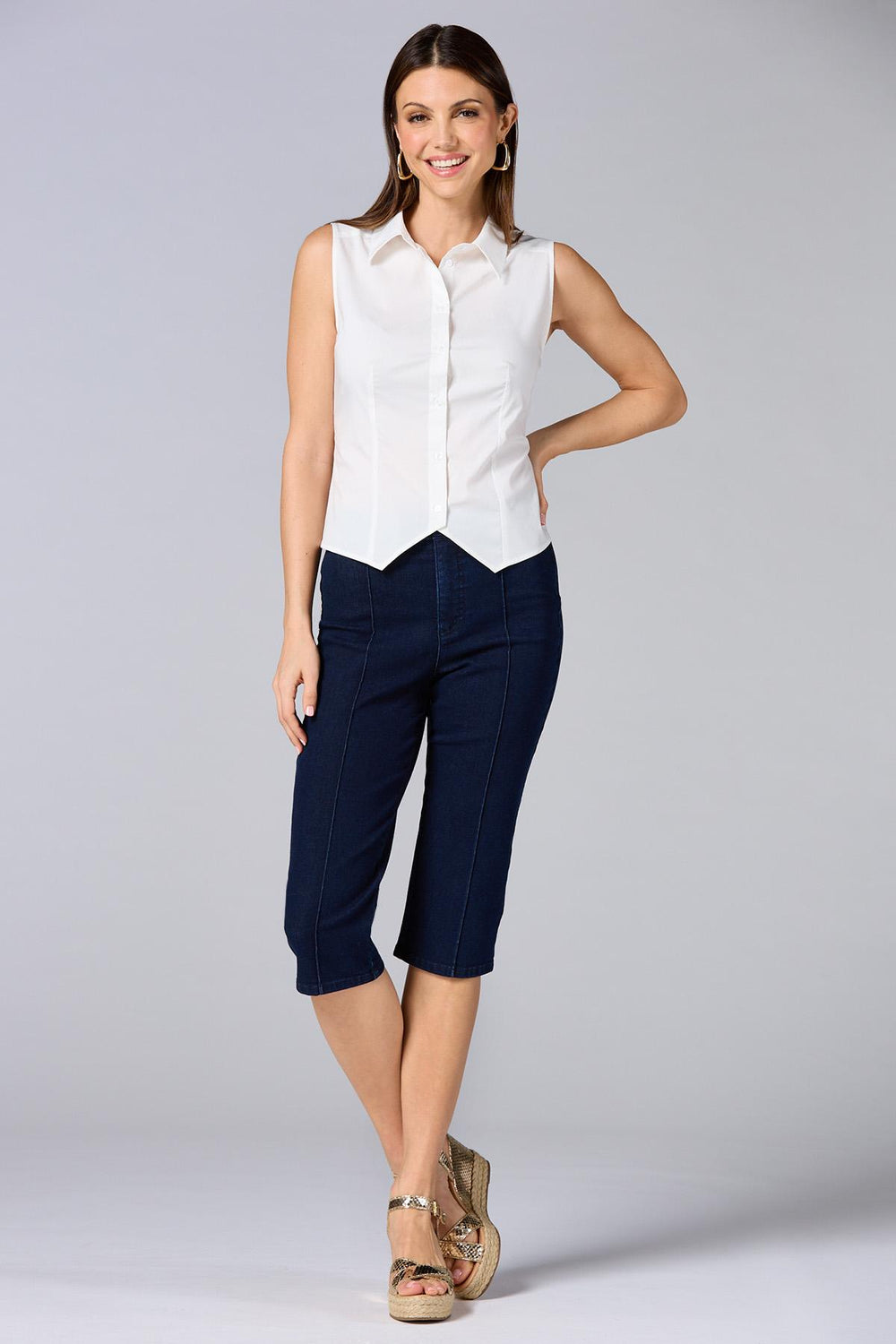 cache pintuck denim capri pants Versona Caché