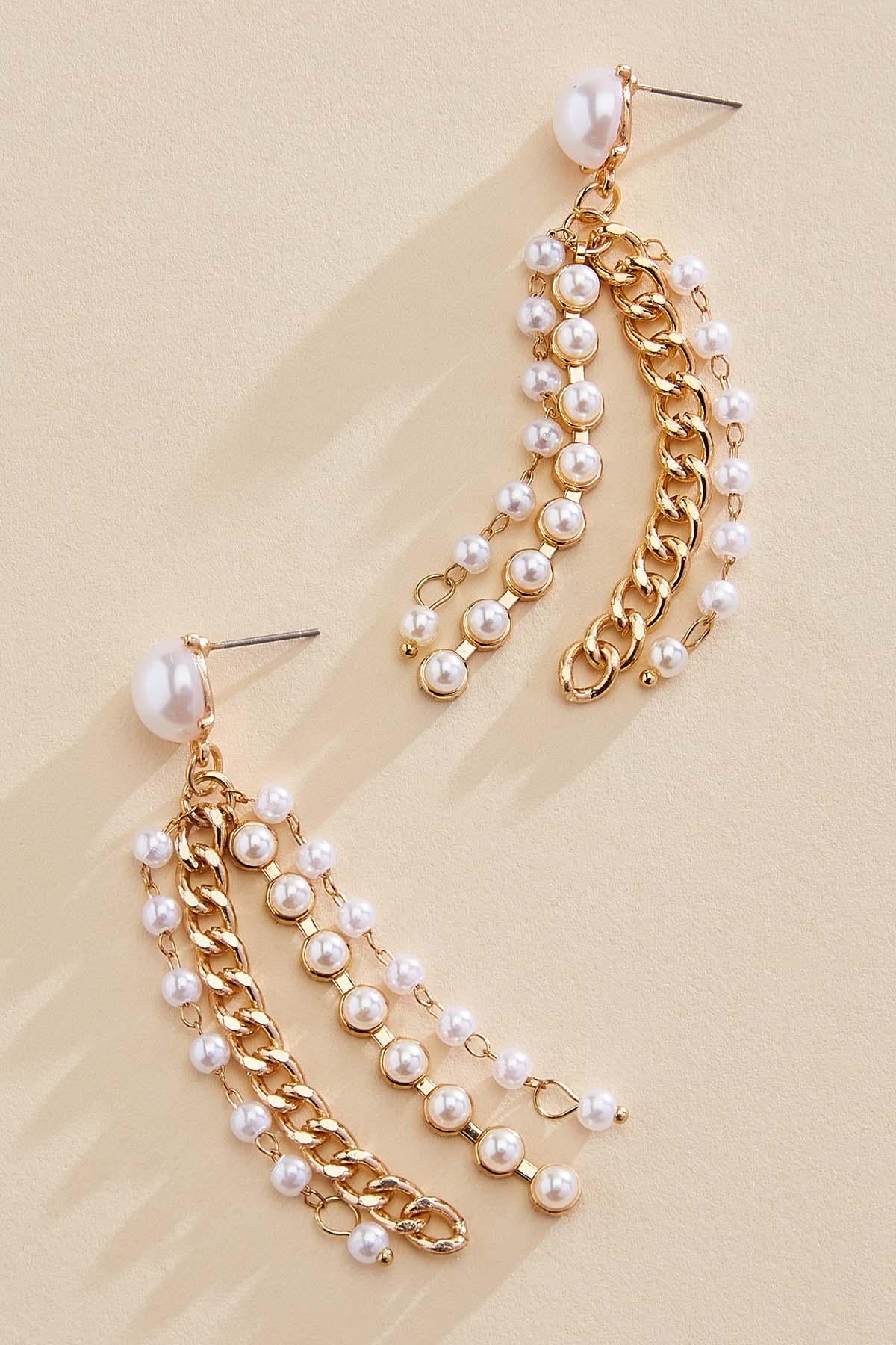 gold pearl chain fringe earrings Versona Jewelry