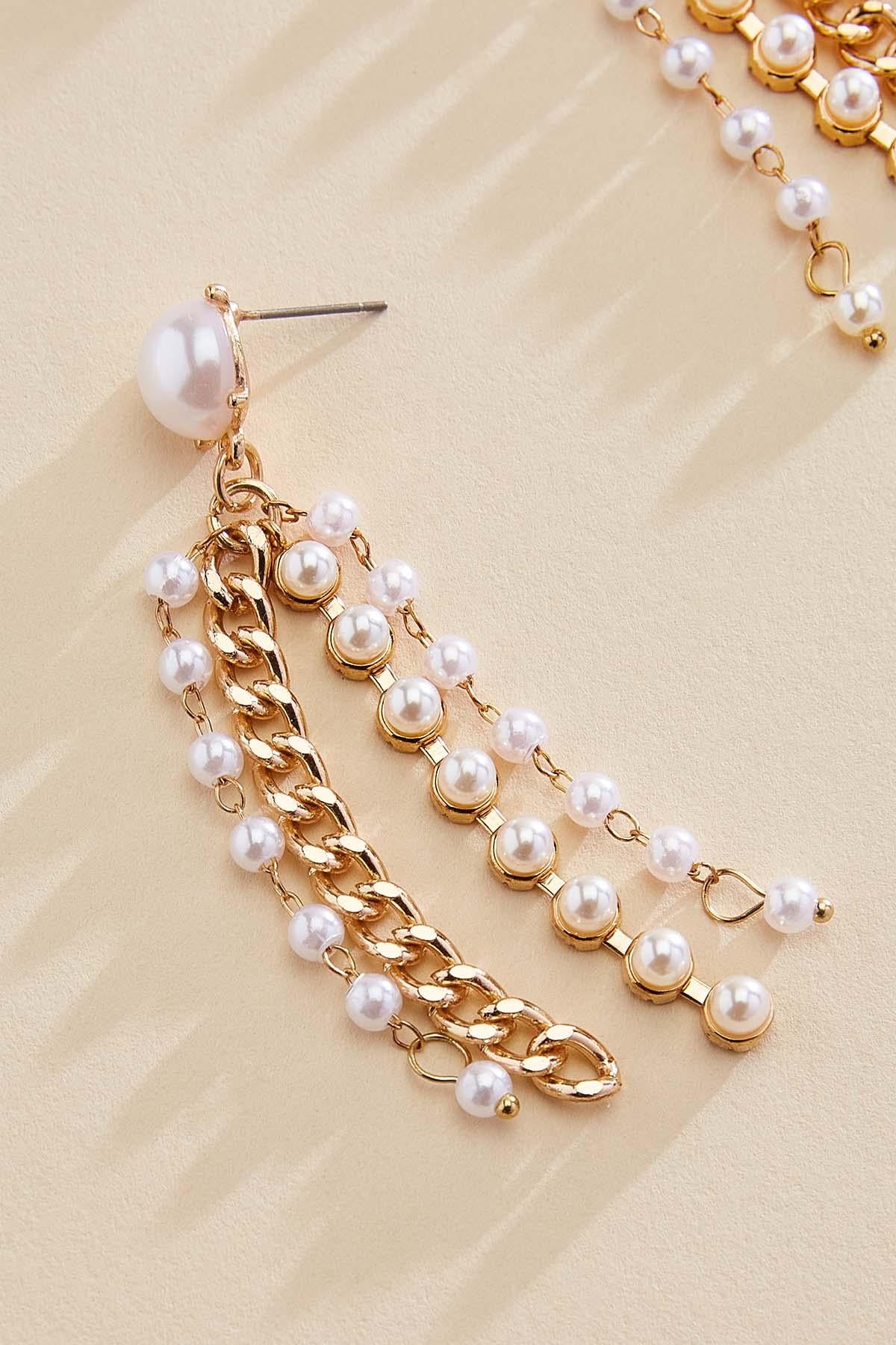 gold pearl chain fringe earrings Versona Jewelry