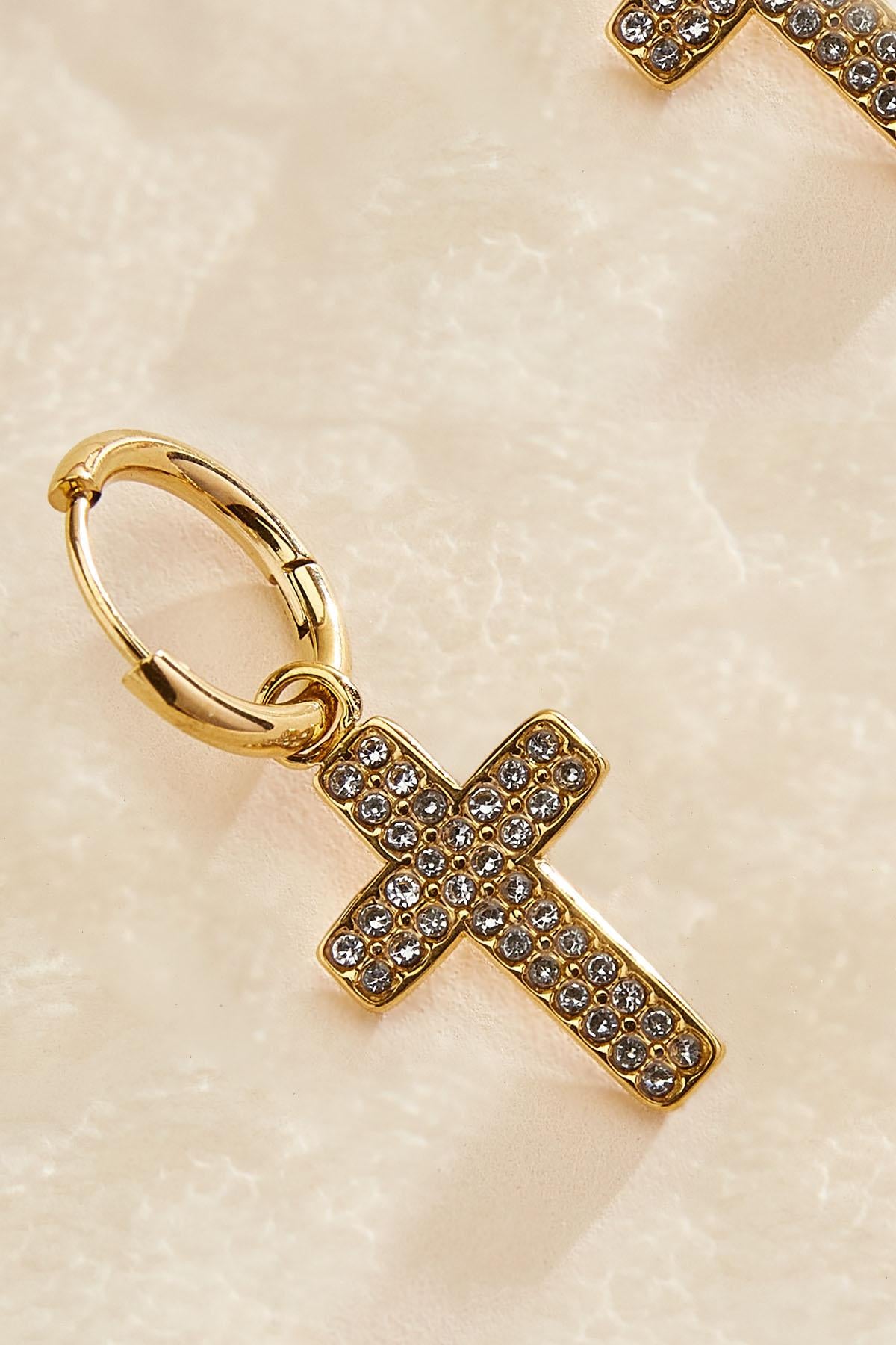 waterproof embellished cross huggie hoop earrings Versona Jewelry