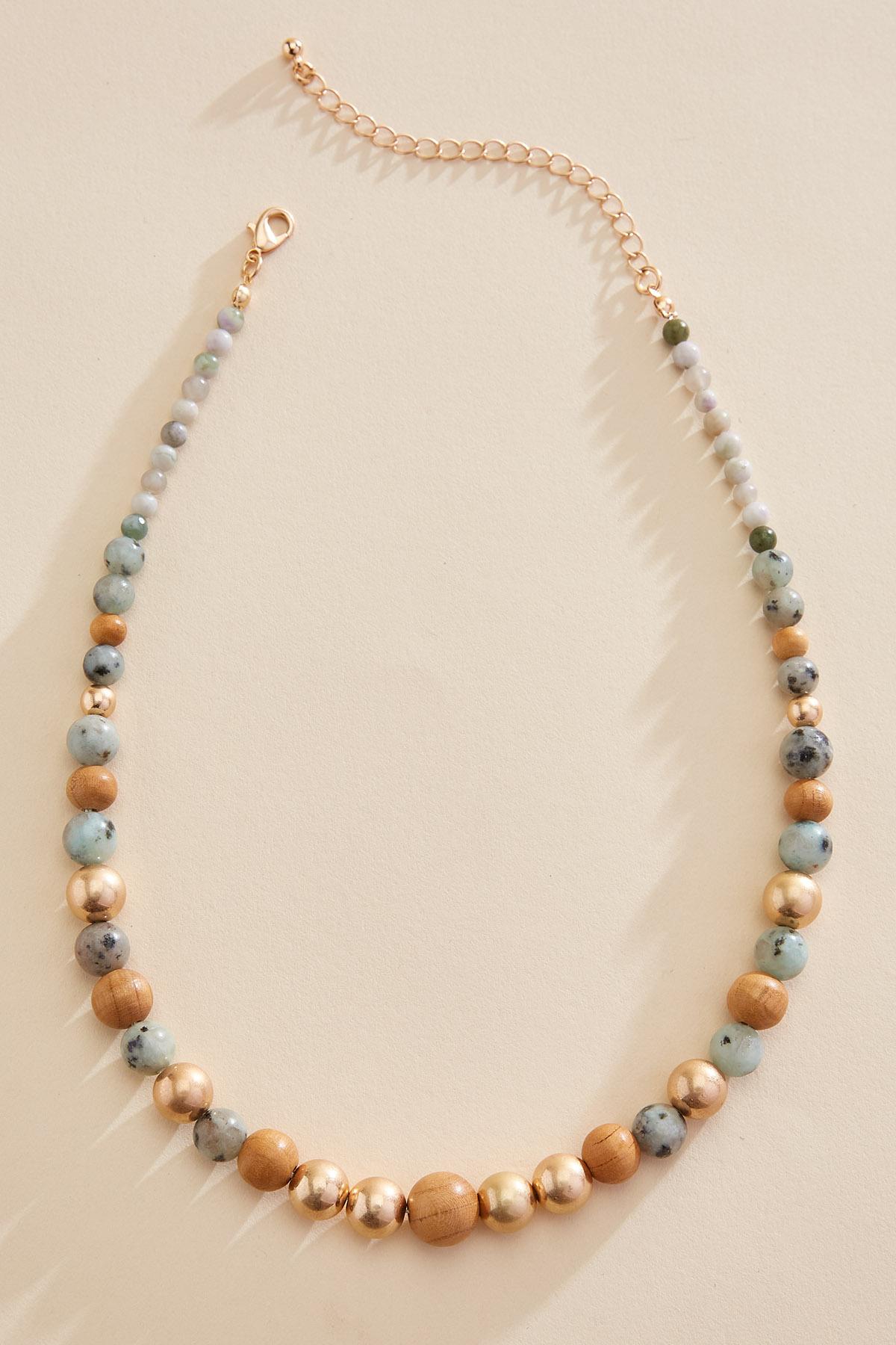 wood gold ball beaded necklace Versona Jewelry