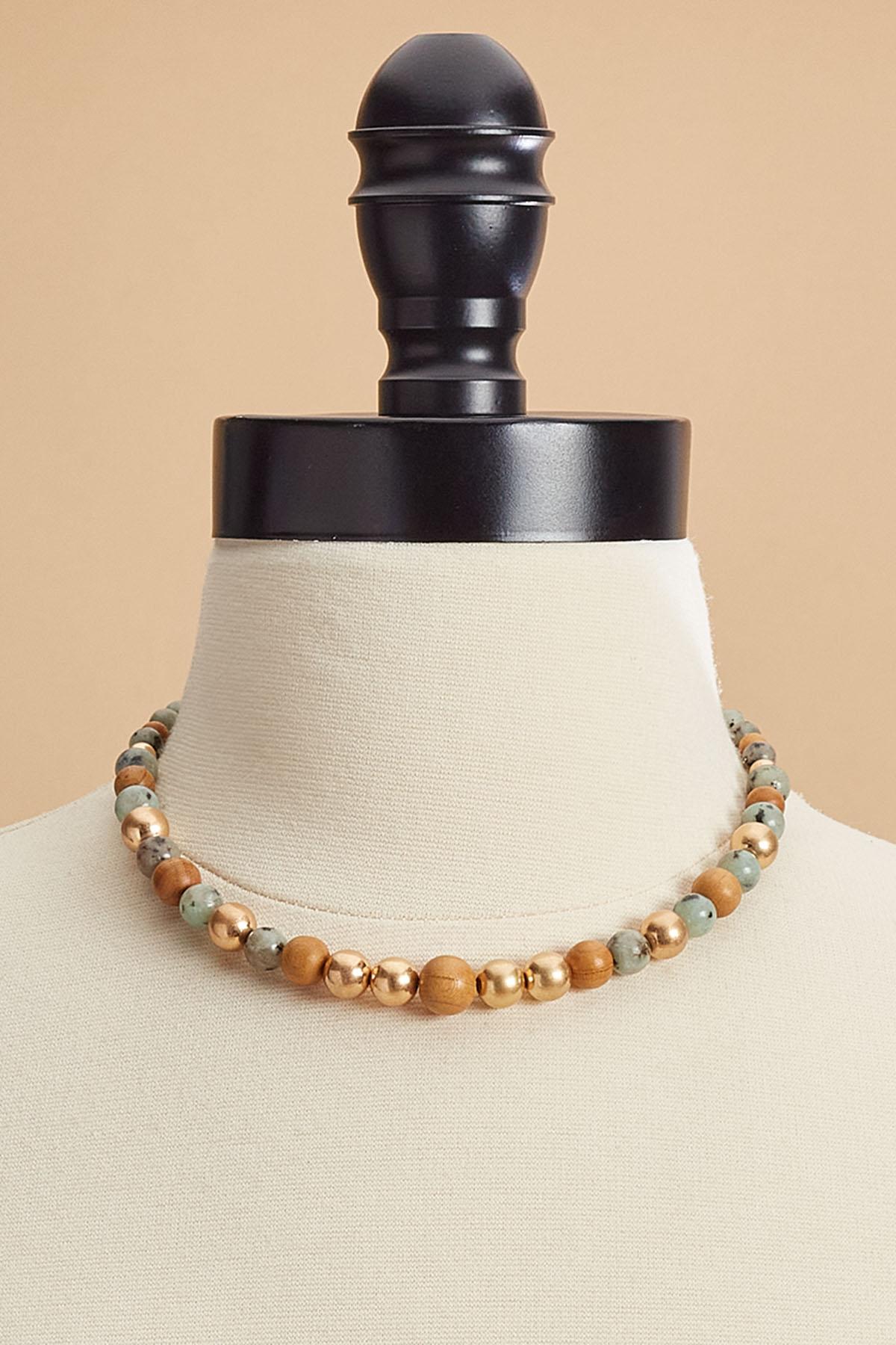 wood gold ball beaded necklace Versona Jewelry