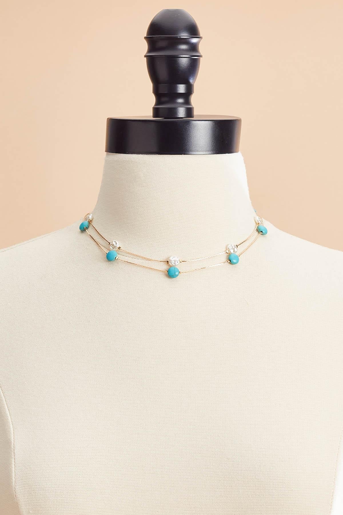 semi- precious turquoise pearl gold illusion necklace Versona Jewelry