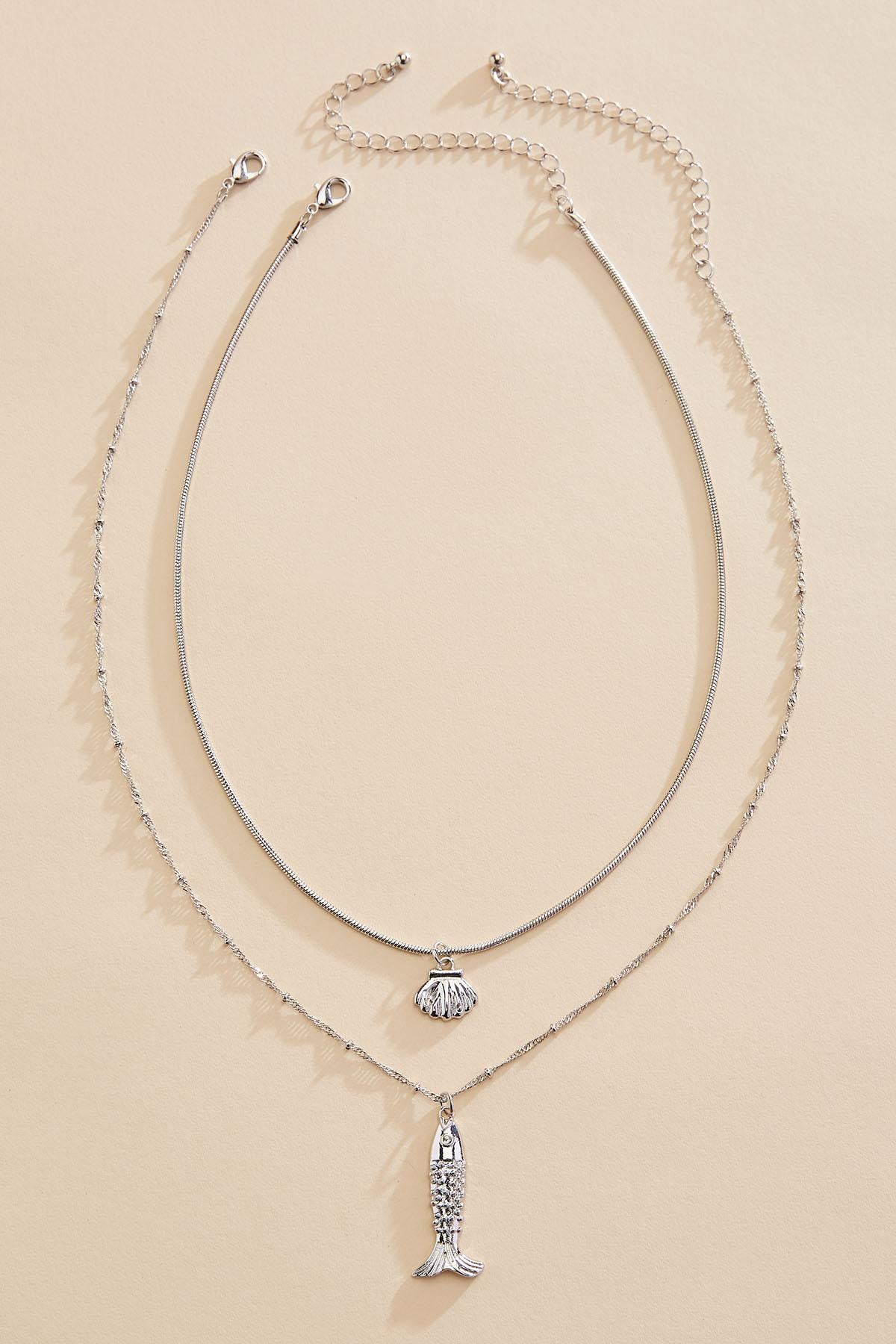 silver fish seashell layered necklace Versona Jewelry